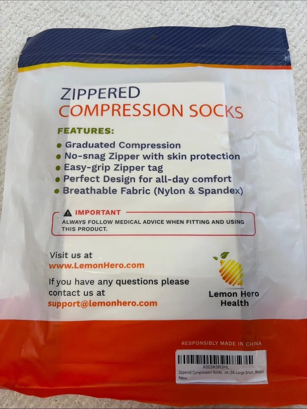 Lemon Hero Health Zippered Compression Socks Beige 20-30 mmHg Unisex